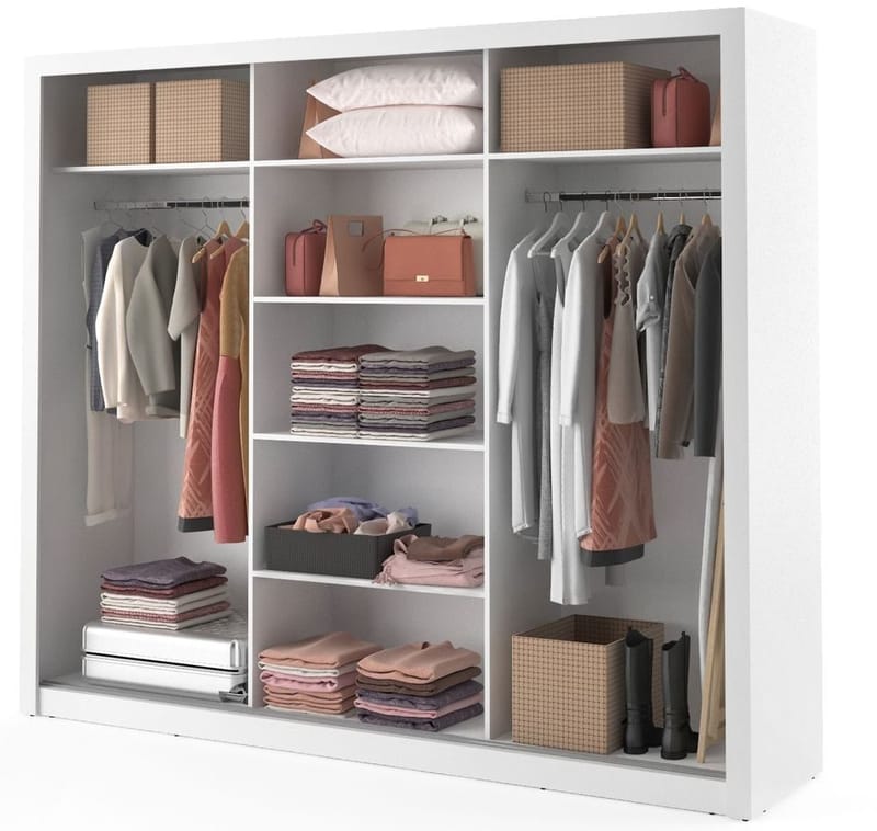 Mervyn vit garderob med spegel och inredning - Bredd 250 cm - Vit - Förvaring - Klädförvaring - Garderob & garderobssystem