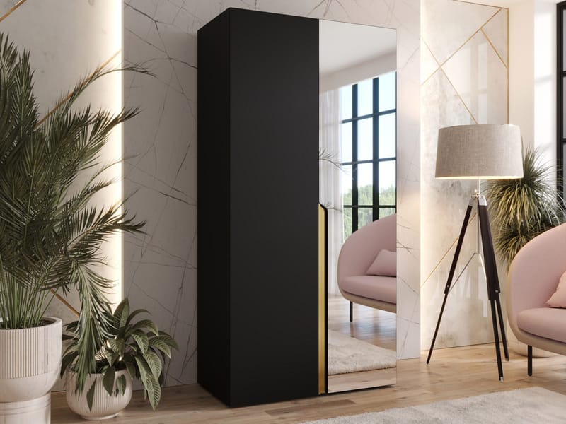 Milias Garderob med spegel 100x202 cm - Guld, svart - Förvaring - Klädförvaring - Garderob & garderobssystem