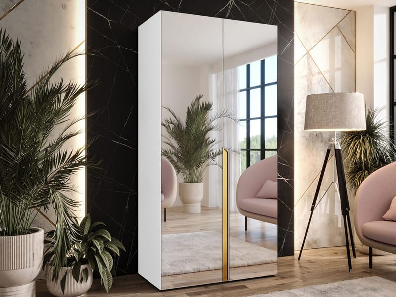 Milias Garderob med spegel 100x202 cm - vit / guld - Förvaring - Klädförvaring - Garderob & garderobssystem