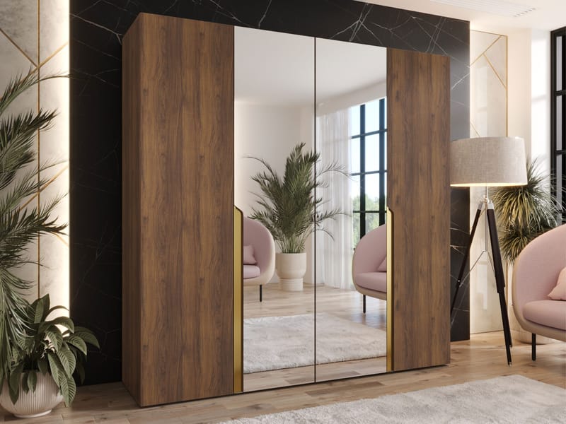 Milias Garderob med spegel 200x202 cm - Brun/guld - Förvaring - Klädförvaring - Garderob & garderobssystem