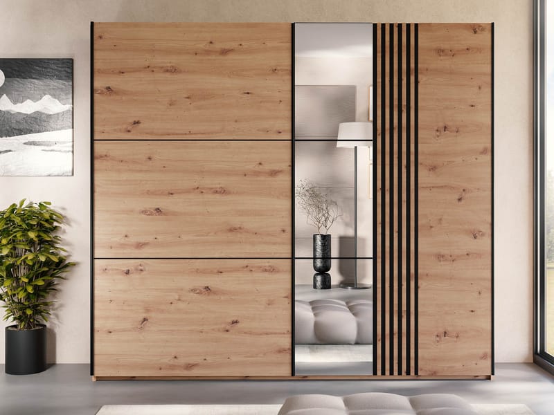 Osval Garderob med Spegel 250x215 cm - Brun/Svart - Förvaring - Klädförvaring - Garderob & garderobssystem