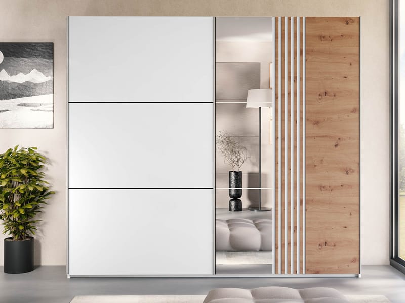 Osval Garderob med Spegel 250x215 cm - Vit/Brun - Förvaring - Klädförvaring - Garderob & garderobssystem