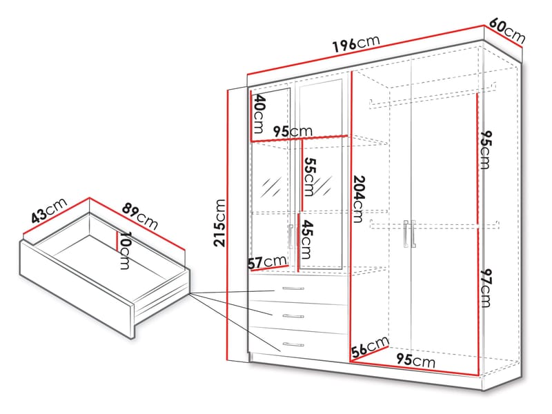 Pekin Garderob med Spegel och Förvaring 215 cm i Trä - Beige - Förvaring - Klädförvaring - Garderob & garderobssystem