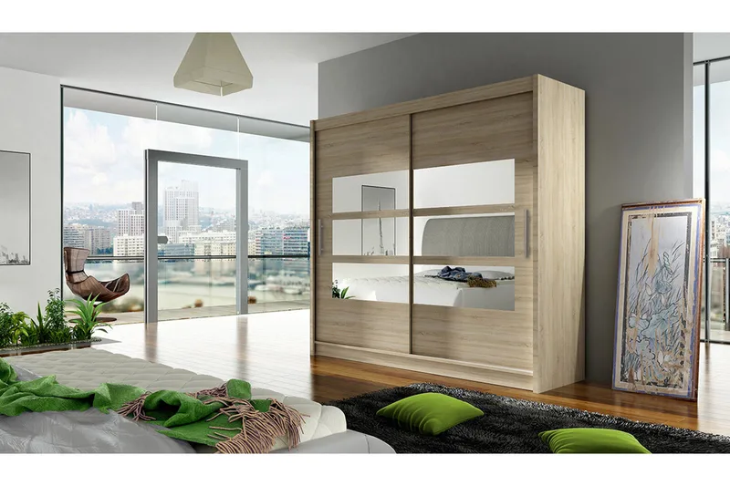 Prag Garderob 180 cm Skjutdörrar Delad Spegel - Beige/Trä/Natur - Förvaring - Klädförvaring - Garderob & garderobssystem