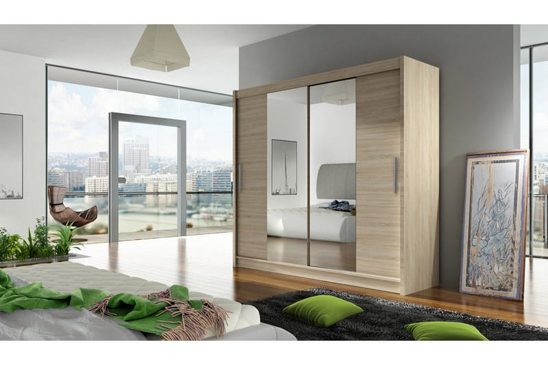 Prag Garderob med Skjutdörrar Smal - Ek / Spegel - Förvaring - Klädförvaring - Garderob & garderobssystem