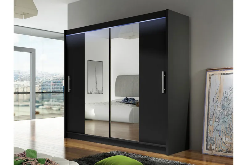 Prag Garderob med Spegel 180x215 cm - Svart - Förvaring - Klädförvaring - Garderob & garderobssystem