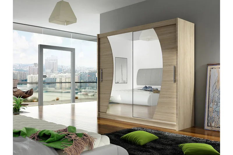 Prag Garderob Skjutdörrar Böjd Spegel - Beige/Trä/Natur - Förvaring - Klädförvaring - Garderob & garderobssystem