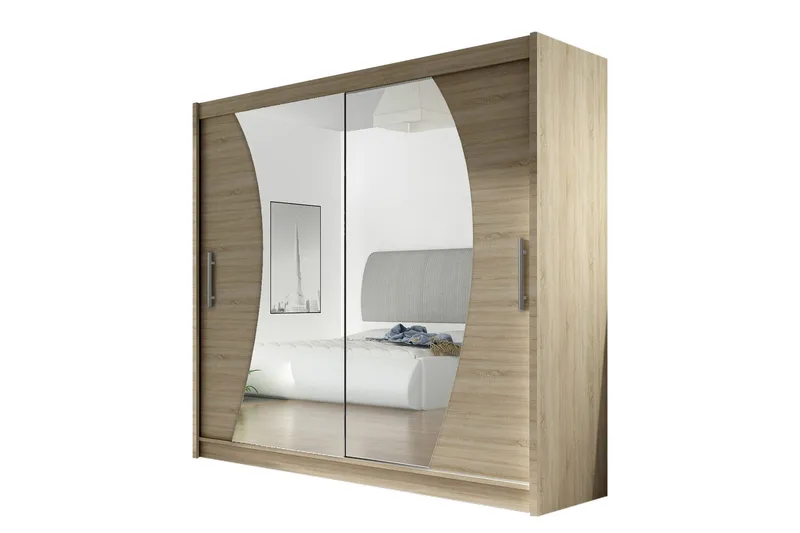 Prag Garderob Skjutdörrar Böjd Spegel, Beige/Trä/Natur