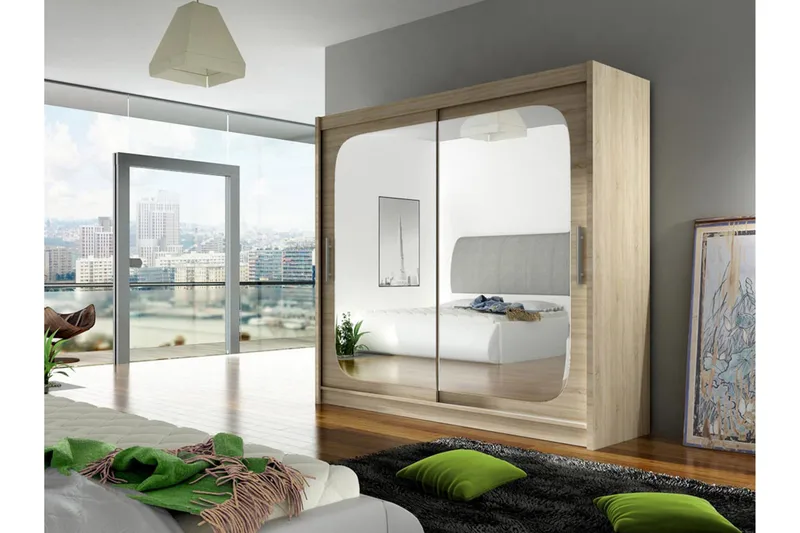 Prag Garderob Skjutdörrar Fyrkantig Spegel - Ek - Förvaring - Klädförvaring - Garderob & garderobssystem