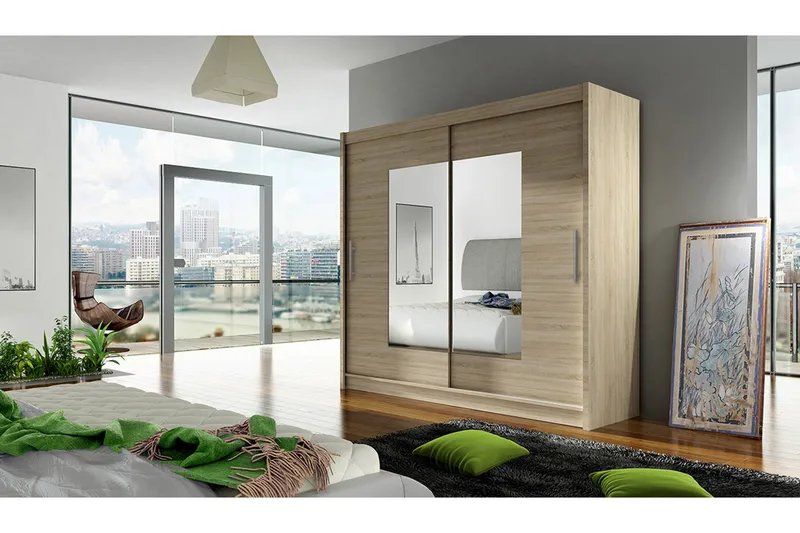 Prag Garderob Skjutdörrar Smal Fyrkantig Spegel - Beige/Trä/Natur - Förvaring - Klädförvaring - Garderob & garderobssystem