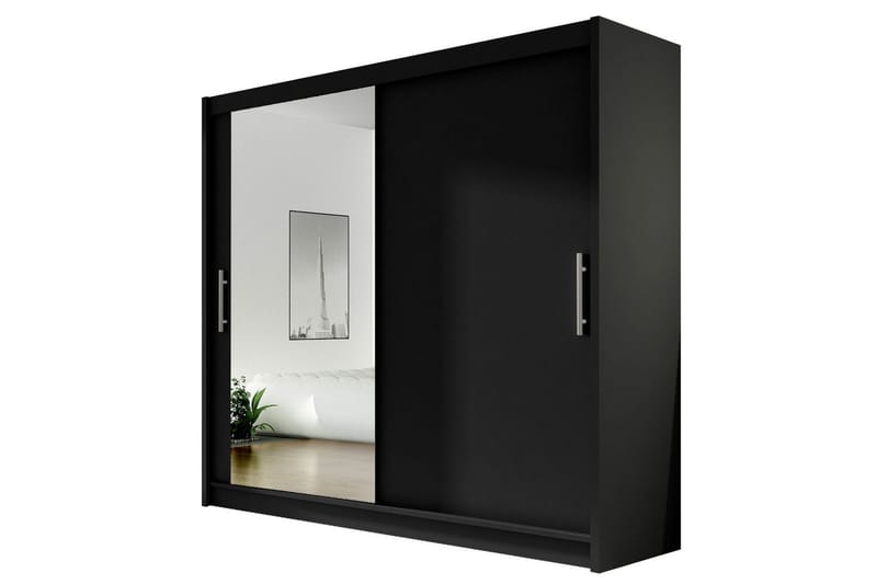 Prag Stor Garderob med Skjutdörrar + Spegel, Svart / Silver