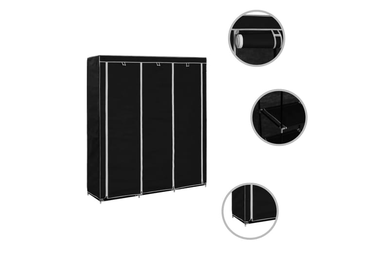 Garderob med fack och stänger svart 150x45x175 cm tyg - Svart - Förvaring - Klädförvaring - Garderob & garderobssystem - Resegarderob