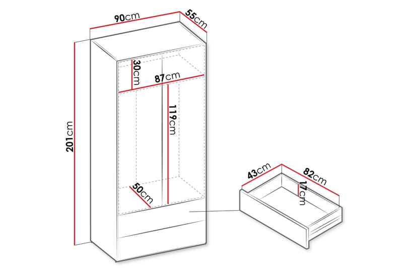 Sigmana Garderob 90x201 cm - Ljusgrå - Förvaring - Klädförvaring - Garderob & garderobssystem