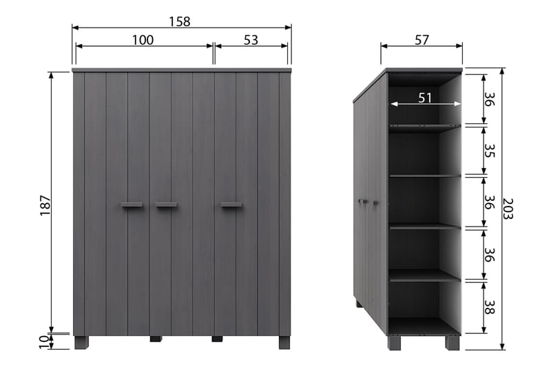 Tenney Garderob 158 cm - Stålgrå Tall - Garderob & garderobssystem - Barngarderob - Klädskåp & fristående garderob