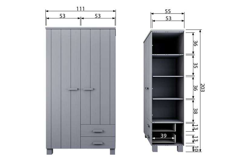 Tenney Garderob med 2 Lådor 111 cm - Grå Tall - Garderob & garderobssystem - Klädskåp & fristående garderob