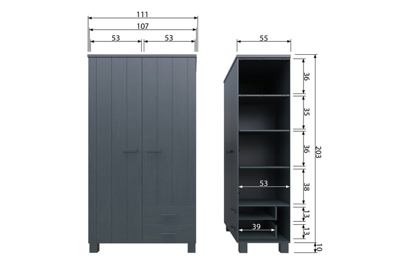 Tenney Garderob med 2 Lådor 111 cm - Stålgrå Tall - Garderob & garderobssystem - Barngarderob - Klädskåp & fristående garderob
