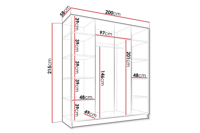 Vadstena Garderob med Spegel 200 cm - Vit/Svart - Förvaring - Klädförvaring - Garderob & garderobssystem