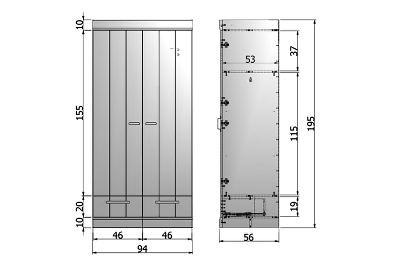 Varius Garderob 94 cm 2 Dörrar 2 Lådor - Grå Tall - Garderob & garderobssystem - Klädskåp & fristående garderob