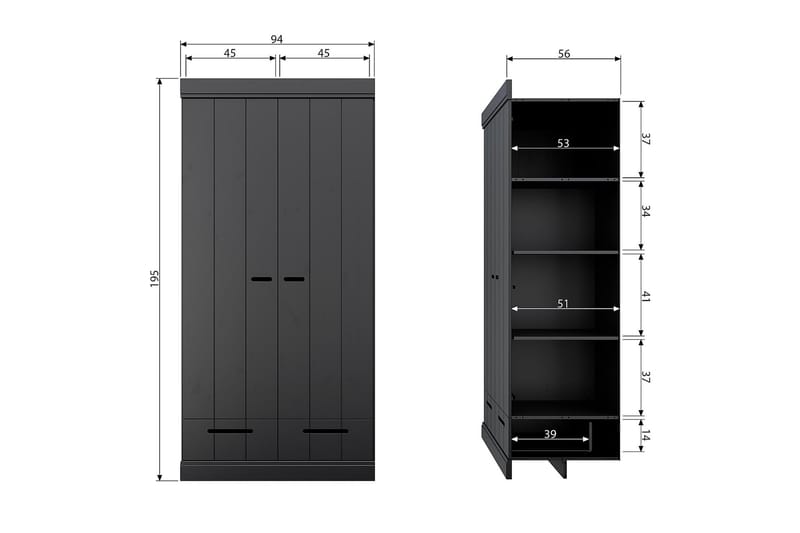 Varius Garderob 94x53 cm 2 Dörrar - Furu/Svart - Förvaring - Klädförvaring - Garderob & garderobssystem