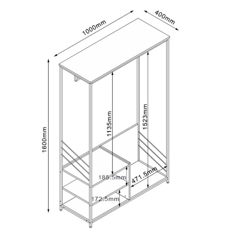 Hallhylla Dimitra 100x40x160 cm - ljust rustikt trä/svart - Förvaring - Klädförvaring - Klädhängare - Klädställning