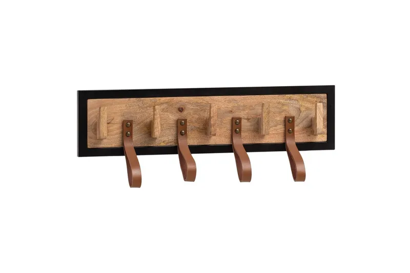 Kapprum Wohnling Väggmonterad klädhängare i massivt mangoträ 5 krokar i massivt trä 4 loopar i äkta läder, undefined