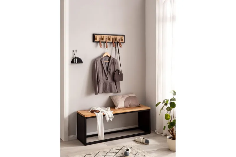 Kapprum Wohnling Väggmonterad klädhängare i massivt mangoträ 5 krokar i massivt trä 4 loopar i äkta läder - Förvaring - Klädförvaring - Klädhängare - Kroklist & Klädkrokar