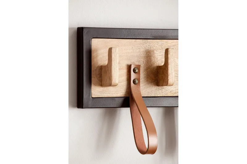 Kapprum Wohnling Väggmonterad klädhängare i massivt mangoträ 5 krokar i massivt trä 4 loopar i äkta läder - Förvaring - Klädförvaring - Klädhängare - Kroklist & Klädkrokar