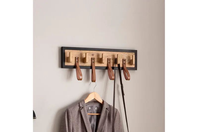 Kapprum Wohnling Väggmonterad klädhängare i massivt mangoträ 5 krokar i massivt trä 4 loopar i äkta läder - Förvaring - Klädförvaring - Klädhängare - Kroklist & Klädkrokar