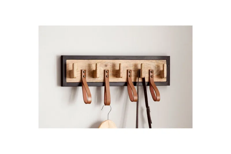 Kapprum Wohnling Väggmonterad klädhängare i massivt mangoträ 5 krokar i massivt trä 4 loopar i äkta läder - Förvaring - Klädförvaring - Klädhängare - Kroklist & Klädkrokar
