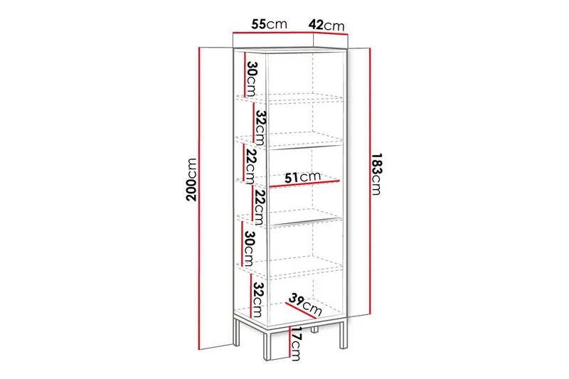 Alim Vitrinskåp 55x200 cm - Vit - Förvaring - Skåp - Vitrinskåp