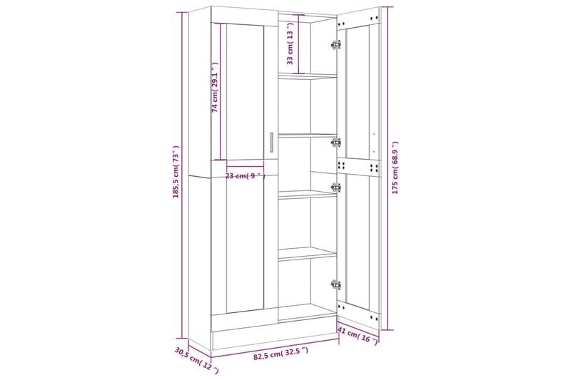 beBasic Vitrinskåp rökfärgad ek 82,5x30,5x185,5 cm konstruerat trä - Brown - Vitrinskåp