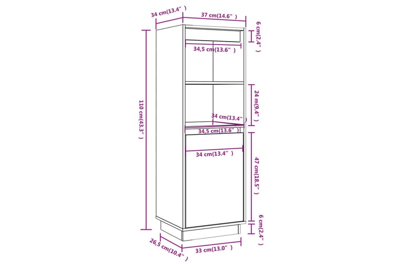 beBasic Vitrinskåp vit 37x34x110 cm massiv furu - White - Vitrinskåp