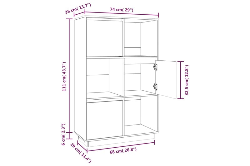 beBasic Vitrinskåp vit 74x35x117 cm massiv furu - White - Vitrinskåp