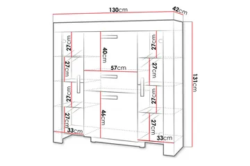 Cezar Lågt Vitrinskåp Vit LED Belysning 42 cm djup 130 cm bred 131 cm hög Ljust Trä Ek Glas - Beige/Grå - Förvaring - Skåp - Vitrinskåp
