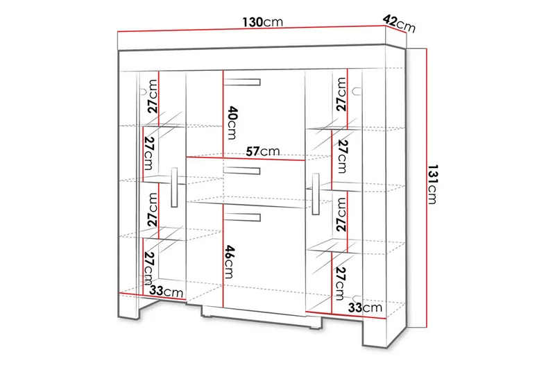 Cezar Lågt Vitrinskåp Vit LED Belysning 42 cm djup 130 cm bred 131 cm hög Ljust Trä Ek Glas - Beige/Grå - Förvaring - Skåp - Vitrinskåp