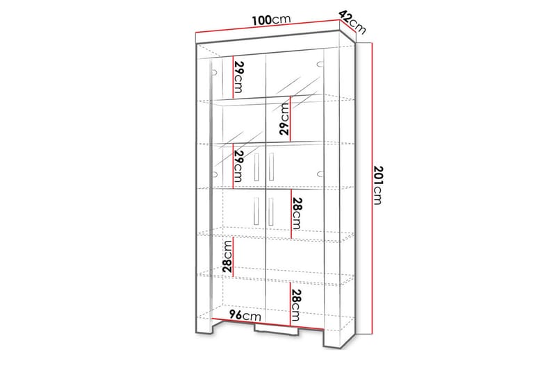 Cezar Vitrinskåp Vit LED Belysning 43 cm djup 100 cm bred 201 cm hög Ljust Trä Ek Glas - Beige/Grå - Förvaring - Skåp - Vitrinskåp