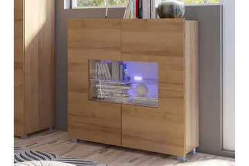 Frick Vitrinskåp Blå LED Belysning 35 cm djup 100 cm bred 107 cm hög Ljust Trä Glas - Gyllene Ek - Förvaring - Skåp - Vitrinskåp