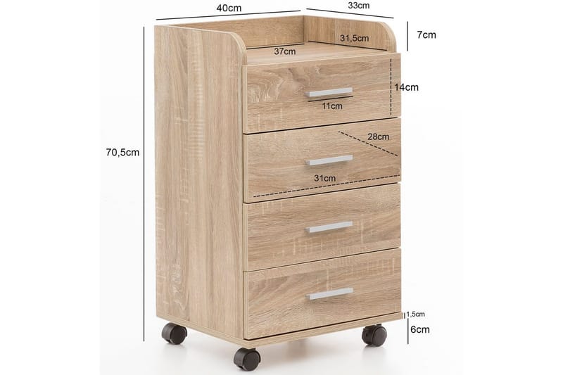 Rullkontejner Wohnling 4 lådor med hjul, förvaringsbricka, foliebelagd spånskiva, modern stil Sonoma - Sonoma - Förvaring - Skåp - Förvaringsskåp