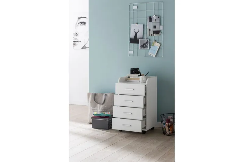 Rullkontejner Wohnling 4 lådor med hjul, förvaringsbricka, foliebelagd spånskiva, modern stil Vit - Vit - Förvaring - Förvaringsmöbler - Byrå - Hurtsar