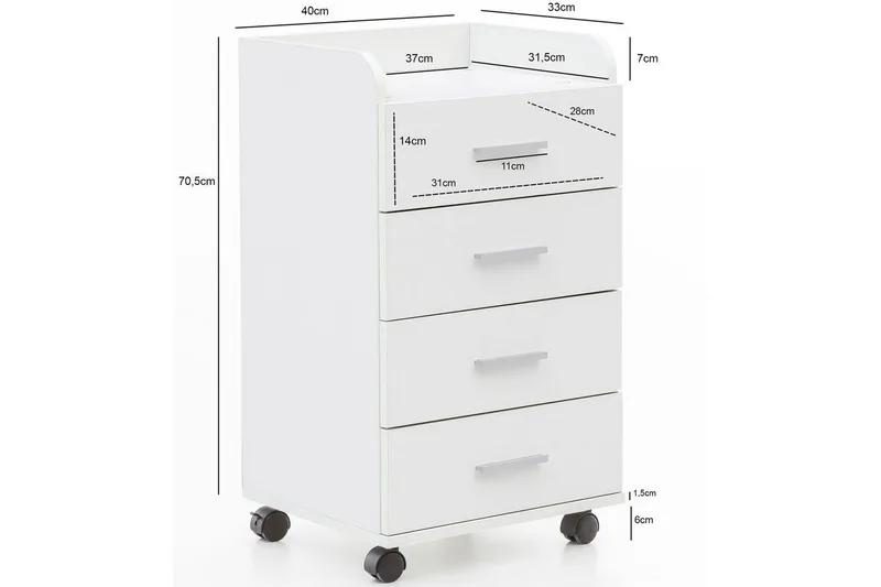 Rullkontejner Wohnling 4 lådor med hjul, förvaringsbricka, foliebelagd spånskiva, modern stil Vit - Vit - Förvaring - Förvaringsmöbler - Byrå - Hurtsar