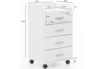 Rullkontejner Wohnling 4 lådor med hjul, förvaringsbricka, foliebelagd spånskiva, modern stil Vit - Vit - Förvaring - Förvaringsmöbler - Byrå - Hurtsar