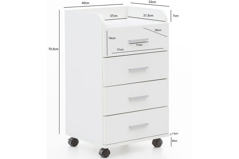 Rullkontejner Wohnling 4 lådor med hjul, förvaringsbricka, foliebelagd spånskiva, modern stil Vit - Vit - Förvaring - Förvaringsmöbler - Byrå - Hurtsar