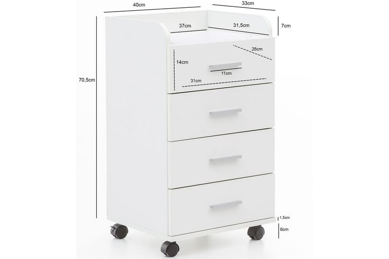 Rullkontejner Wohnling 4 lådor med hjul, förvaringsbricka, foliebelagd spånskiva, modern stil Vit - Vit - Förvaring - Skåp - Förvaringsskåp