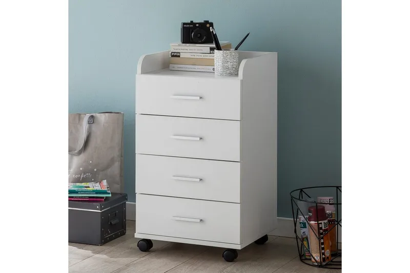 Rullkontejner Wohnling 4 lådor med hjul, förvaringsbricka, foliebelagd spånskiva, modern stil Vit - Vit - Förvaring - Förvaringsmöbler - Byrå - Hurtsar