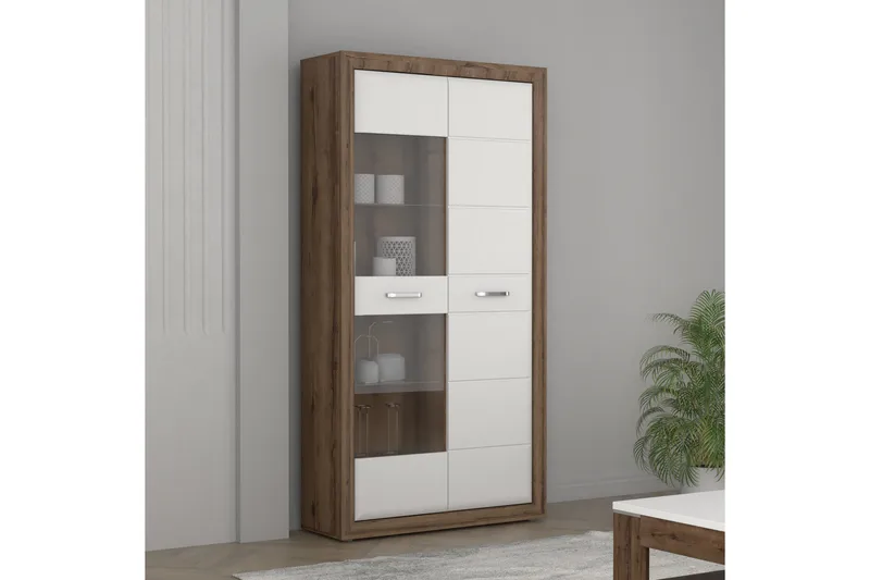 Aridiala Vitrinskåp 34,5 cm djup 103 cm bred 197,3 cm hög Trä Glas - Brun/Vit - Förvaring - Skåp - Vitrinskåp