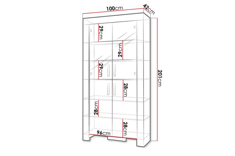 Cezar Vitrinskåp Vit LED Belysning 43 cm djup 100 cm bred 201 cm hög Ljust Trä Ek Glas - Beige/Grå - Förvaring - Skåp - Vitrinskåp