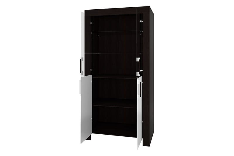 Cezar Vitrinskåp Vit LED Belysning 43 cm djup 100 cm bred 201 cm hög Ljust Trä Ek Glas - Beige/Grå - Förvaring - Skåp - Vitrinskåp