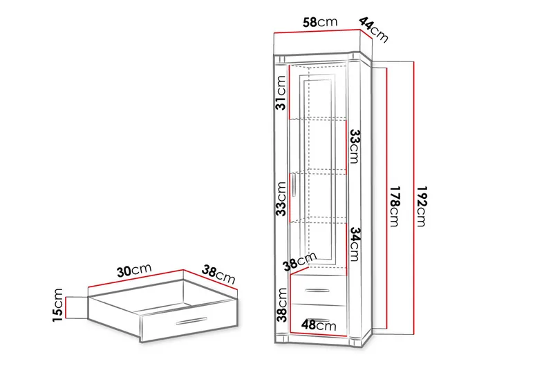 Dallas Vitrinskåp 58x43,5x192 cm - Grå/Vit - Förvaring - Skåp - Vitrinskåp