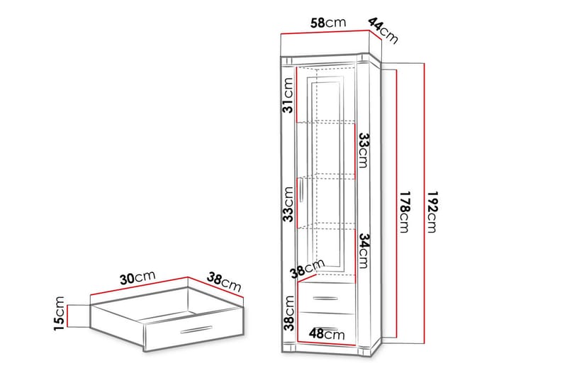 Dallas Vitrinskåp 58x43,5x192 cm - Grå/Vit - Förvaring - Skåp - Vitrinskåp