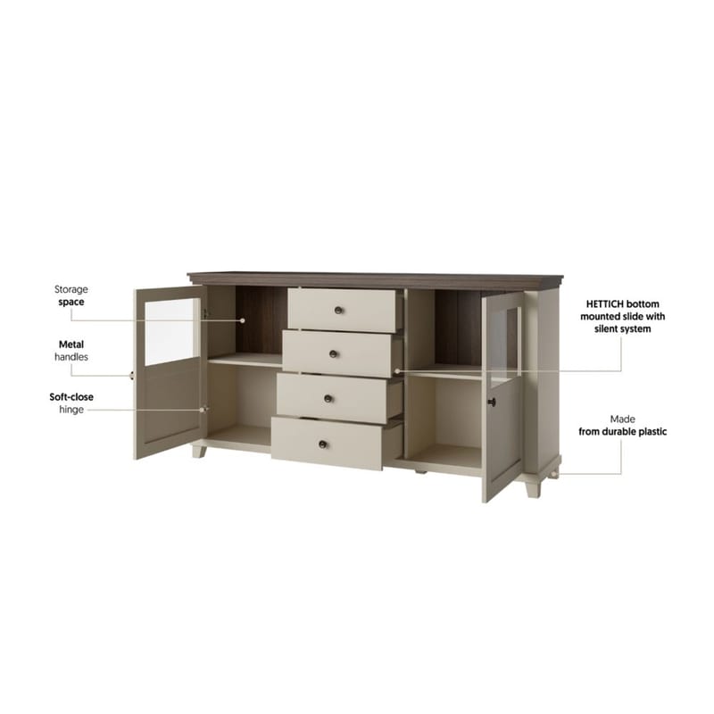 Vitrinskåp Evora 2 dörrar med 4 lådor - Ljus Beige - Förvaring - Skåp - Vitrinskåp